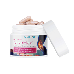 Open container of Juvenon's Nuvoflex supplement pills