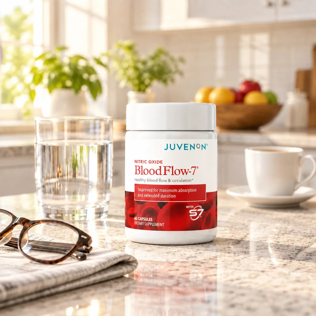 BloodFlow-7 bottle on a kitchen counter in morning light next to a glass of water, reading glasses and a cup of coffee