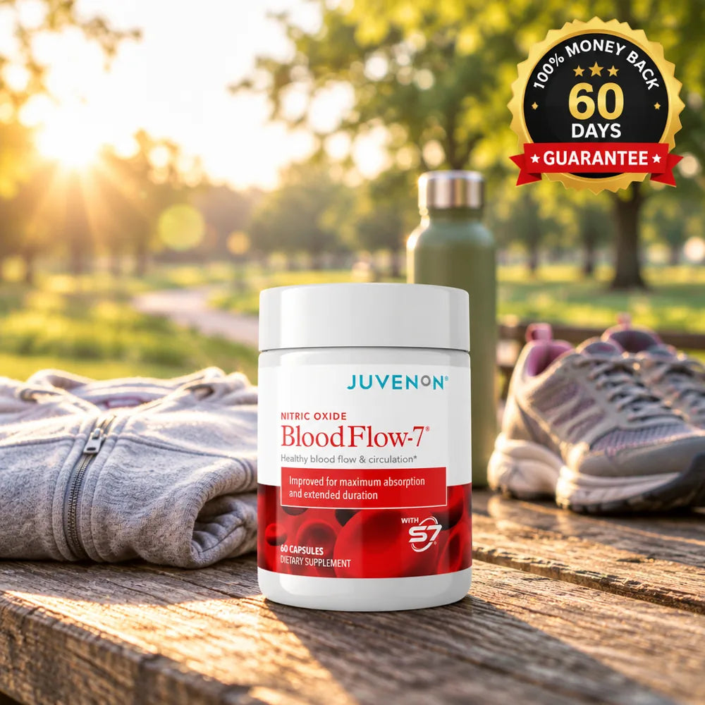 BloodFlow-7 bottle on a park picnic table at sunrise with a 60-day money-back guarantee seal