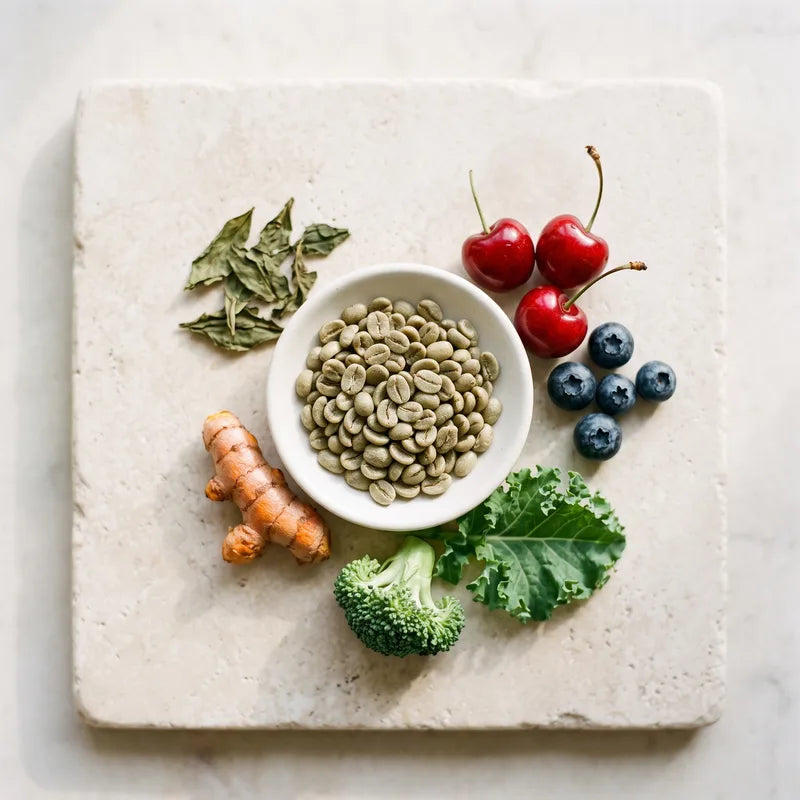 Green coffee beans, green tea, turmeric, cherries, blueberries, broccoli and kale