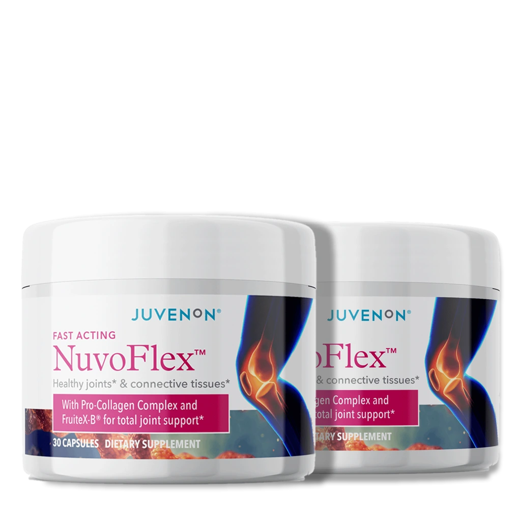 Two containers of Juvenon&#39;s Nuvoflex supplement for joints