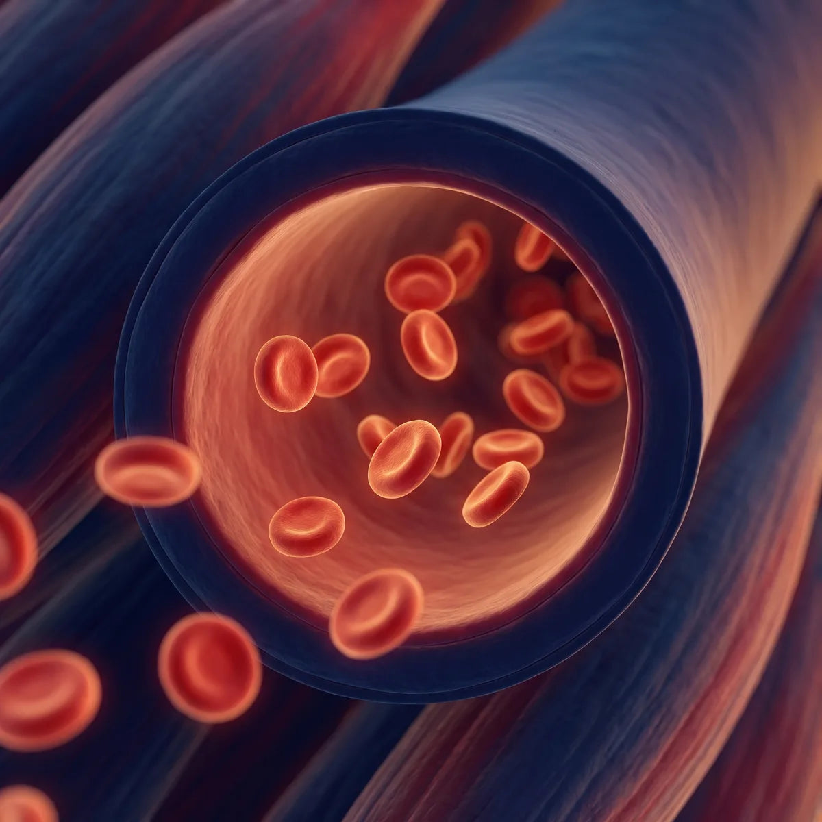 Illustration of the inside of a blood vessel with red blood cells moving through it