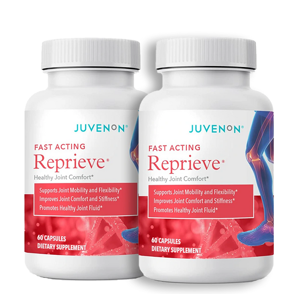 Two containers of Juvenon Reprieve supplement for healthy joints