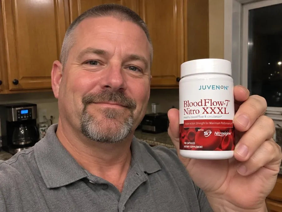 Man holding BloodFlow-7 Nitro XXXL in his kitchen