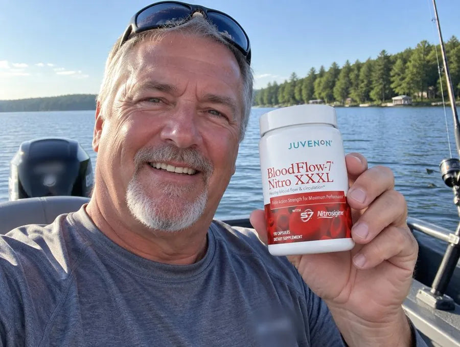 Man holding BloodFlow-7 Nitro XXXL on a fishing boat