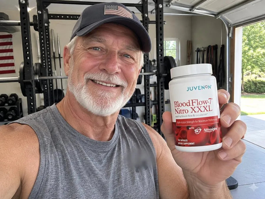Man holding BloodFlow-7 Nitro XXXL in his garage gym