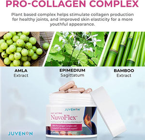 Container of NuvoFlex pills pictured with key ingredients