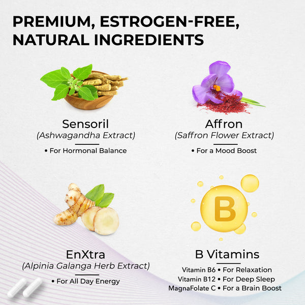 Sensoril extract, affron extract, enXtra extract, and B vitamins