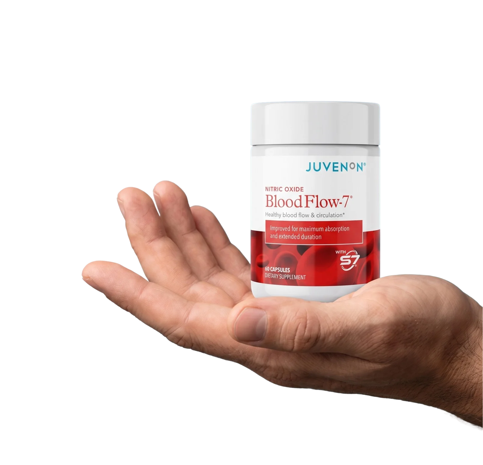 A hand holding a bottle of BloodFlow-7&reg;