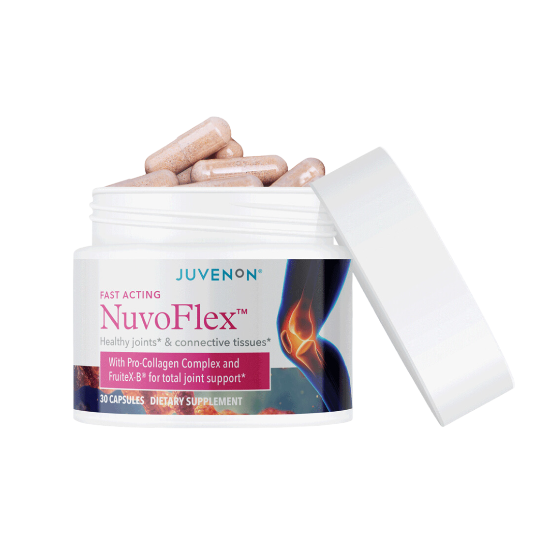 Open container of Juvenon's Nuvoflex supplement pills