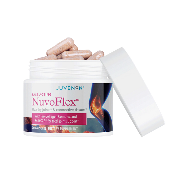 Open container of Juvenon's Nuvoflex supplement pills