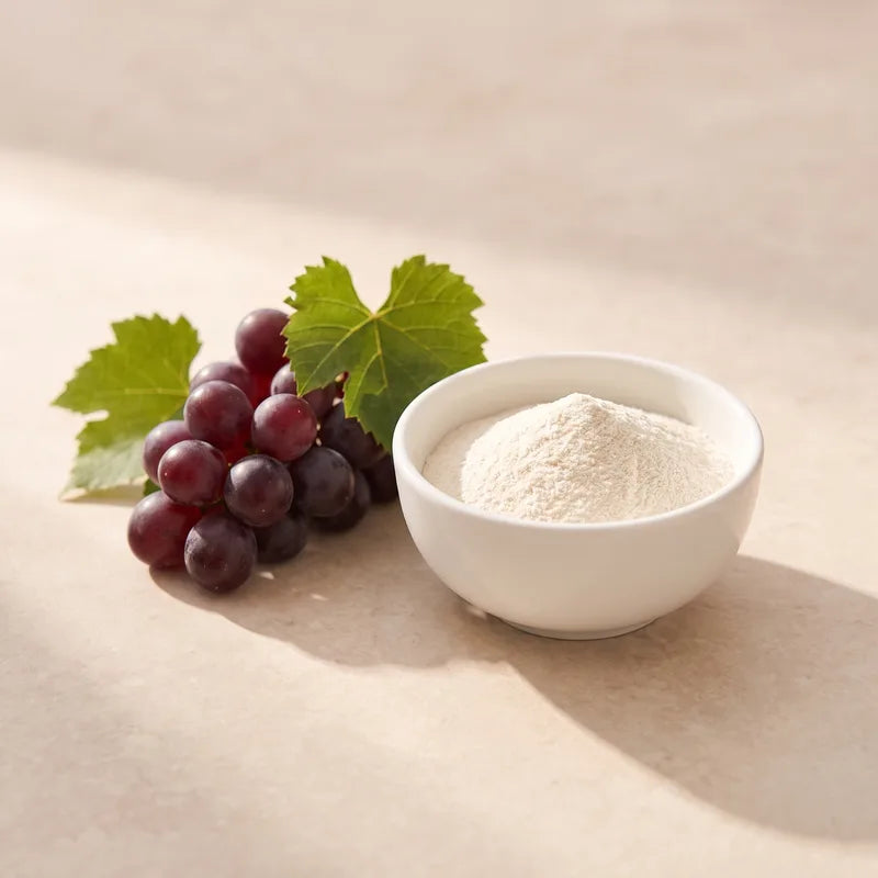 Red grapes beside a dish of fine powder
