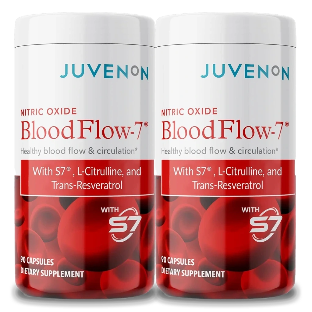 Two containers of Juvenon&#39;s blood flow-7 supplement