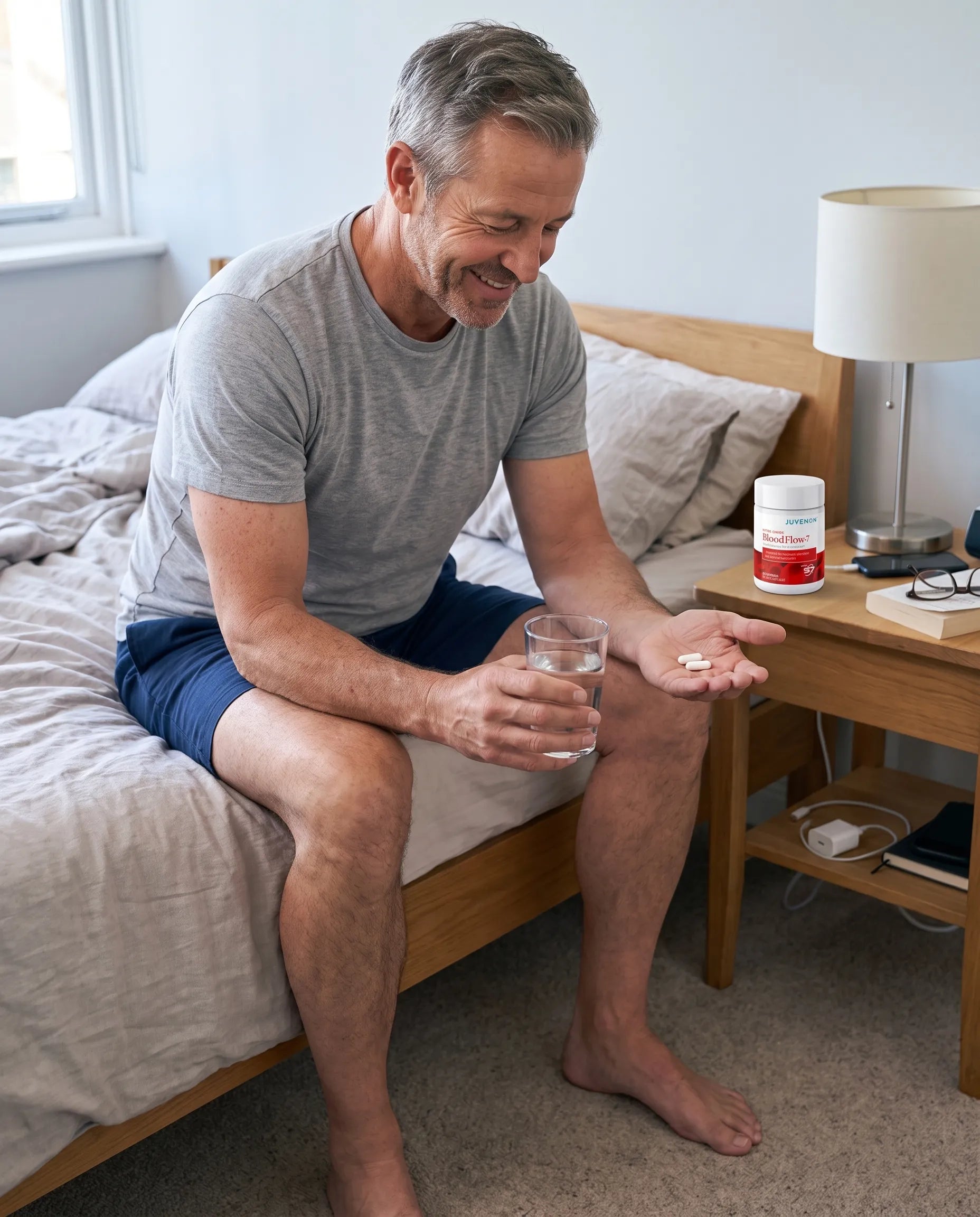 Man in supportive socks sitting on his bed with two BloodFlow-7® capsules in his palm, a glass of water and the BloodFlow-7® bottle on the nightstand