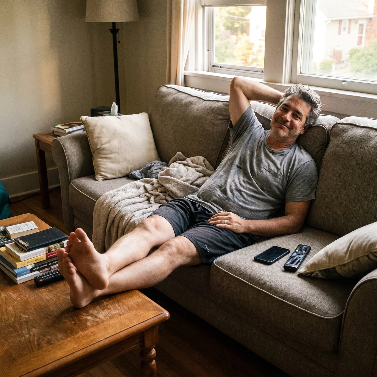 Man relaxing on a sofa with his bare feet up on the coffee table