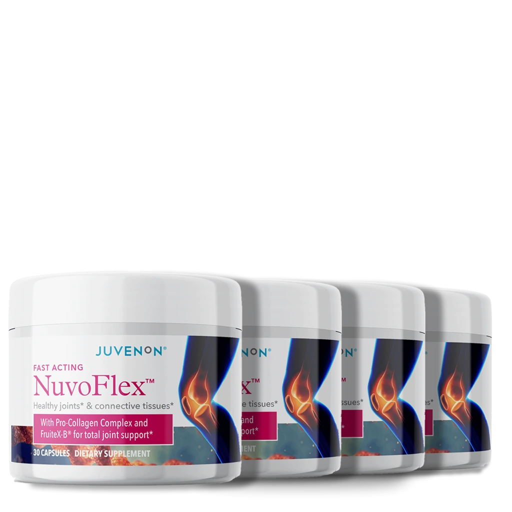 Four containers of Juvenon&#39;s Nuvoflex supplement for joints