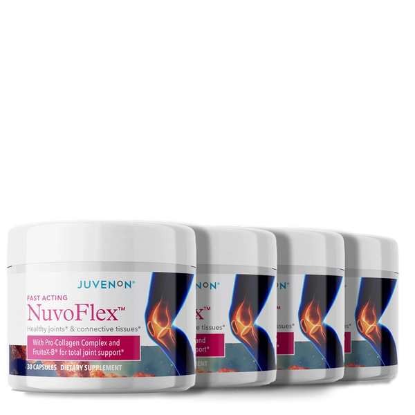 Four containers of Juvenon's Nuvoflex supplement for joints