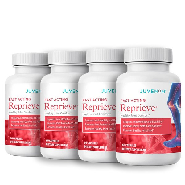 Four containers of Juvenon Reprieve supplement for healthy joints