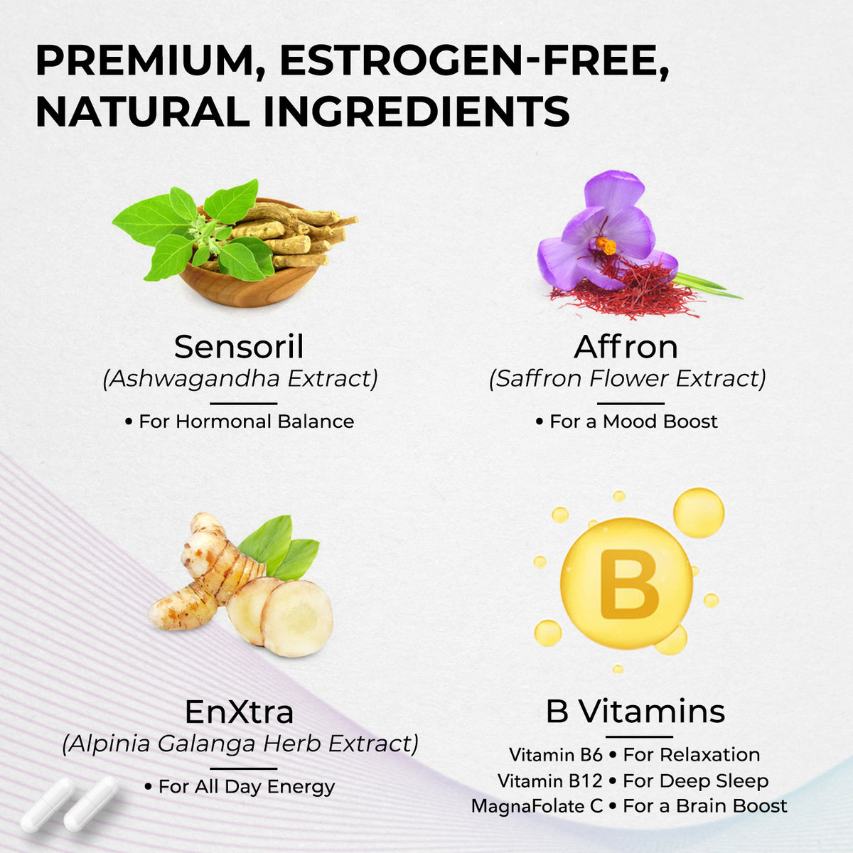 Sensoril extract, affron extract, enXtra extract, and B vitamins 